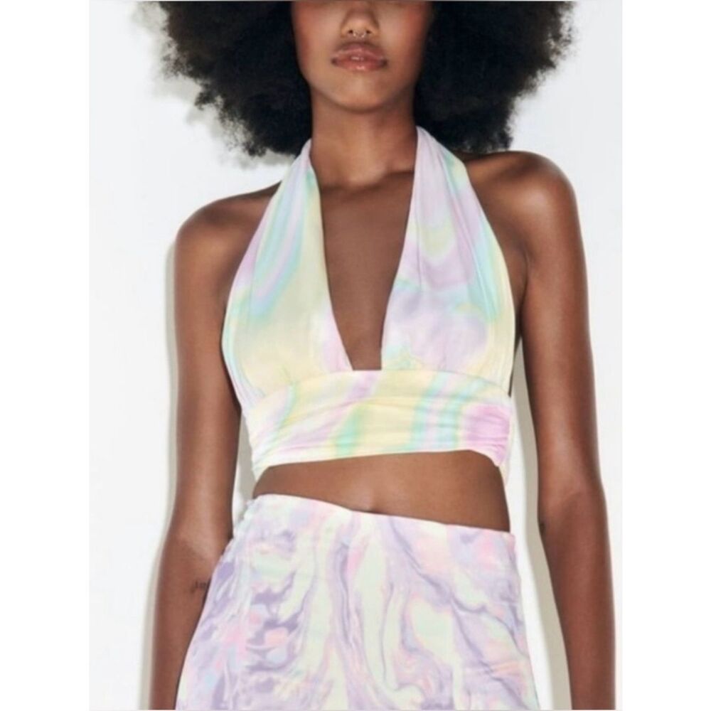 Zara Pastel Marble Halter Wrap Crop Top Yellow Pink‎ Green M